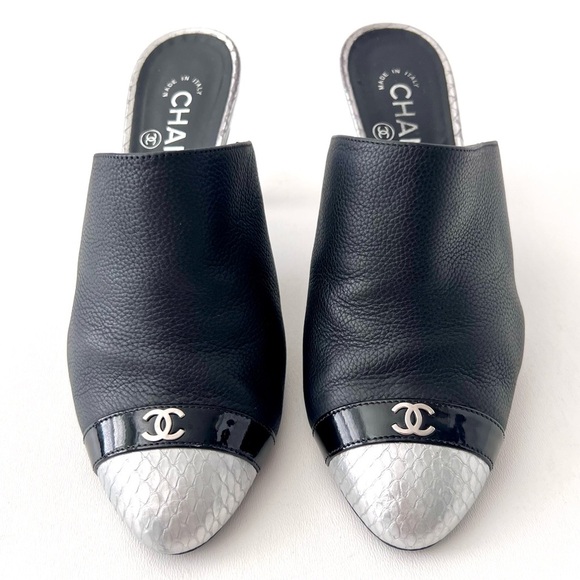 CHANEL | Black Leather Pointed High Heel Mules CC Logo Silver Scales EU 37.5 - Picture 2 of 14
